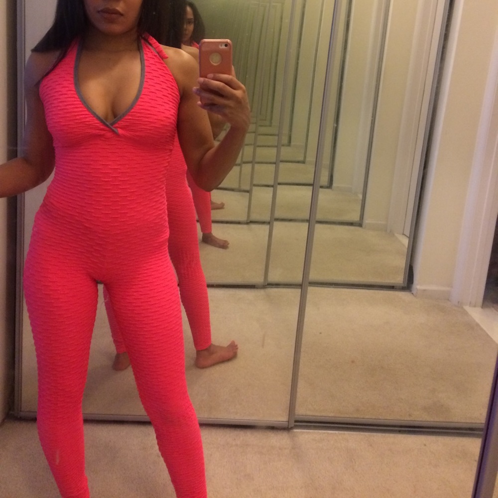 Neon coral jumpsuit/catsuit/unitard
